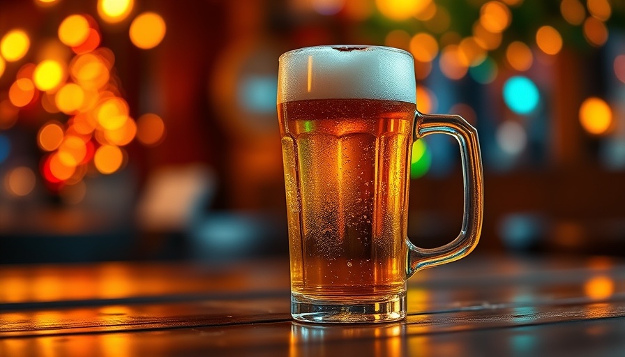 Festive golden beer glass at Orlando Beer Festival on a wooden table.
