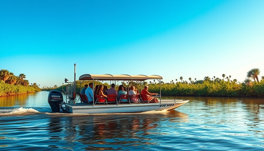 Airboat on Orlando tour, gliding through lush waterway, sunny day.