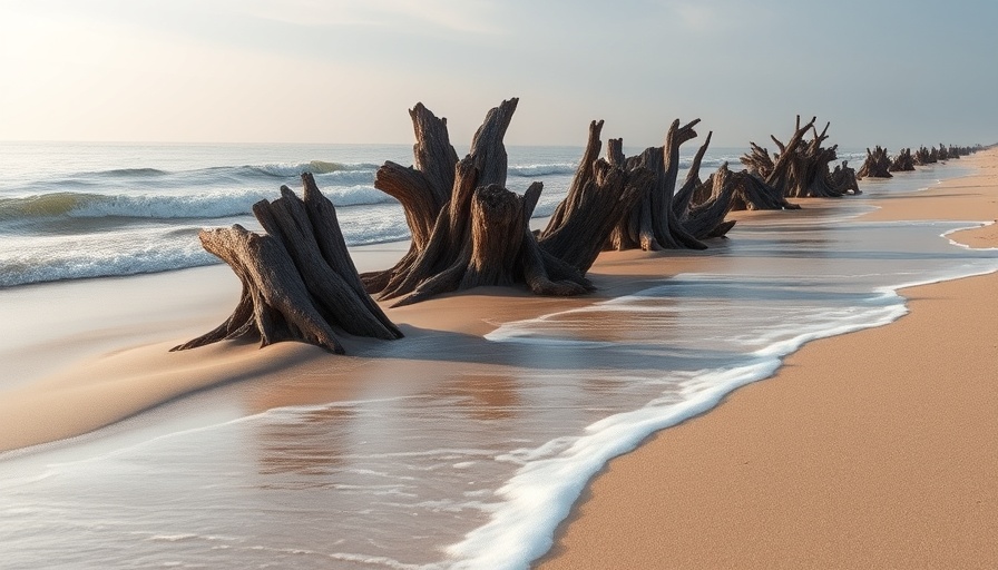 Serene coastal scene with tree stumps and ocean waves near best hiking trails near Orlando.