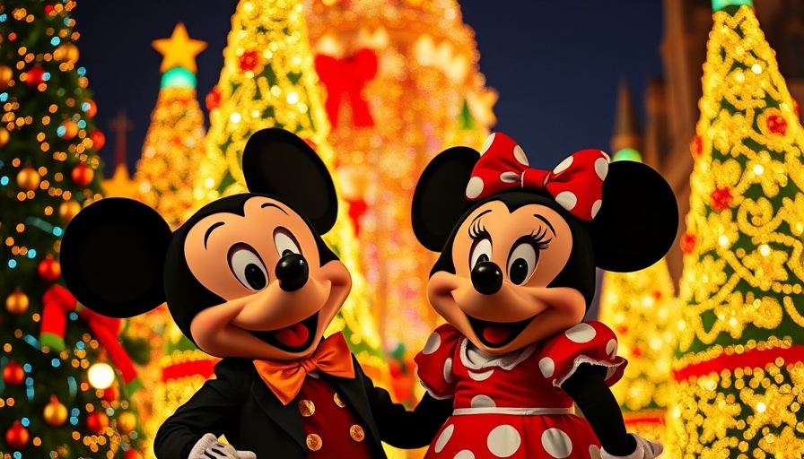 Mickey and Minnie Mouse in festive holiday costumes at Disneyland Paris, holidays 2025.