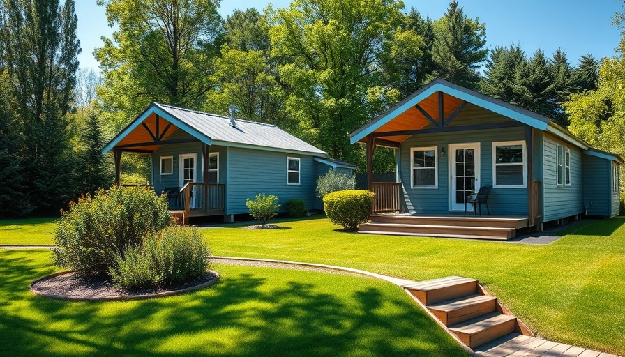 Charming cabins for a tiny house stay surrounded by manicured lawn.