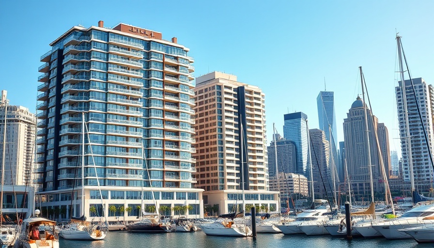 Luxury yachts moored in a marina with a city skyline backdrop.