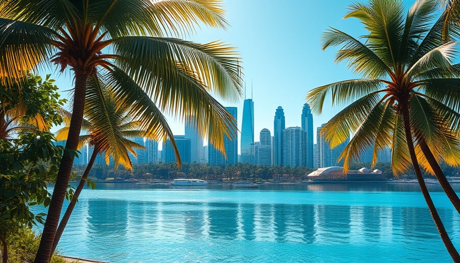Tropical cityscape with skyline and palm trees, reflecting housing market trends.