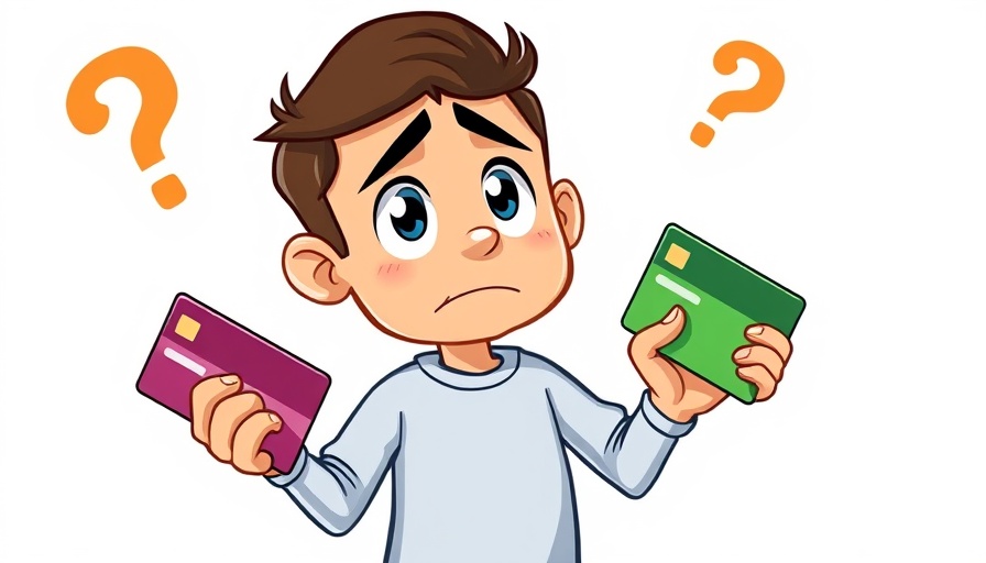 Confused cartoon choosing between credit cards, business selection.
