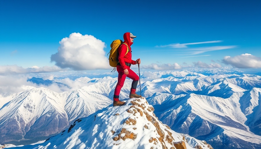 Hiker overcoming challenges on snowy peaks, blue sky.
