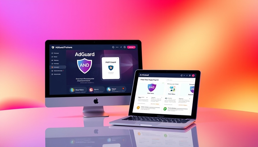 AdGuard Family Plan Sale promotion on digital devices with gradient background.