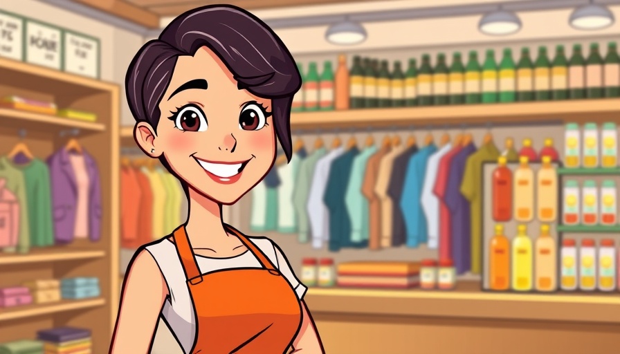 Cartoon store owner in orange apron in front of shelves and clothes
