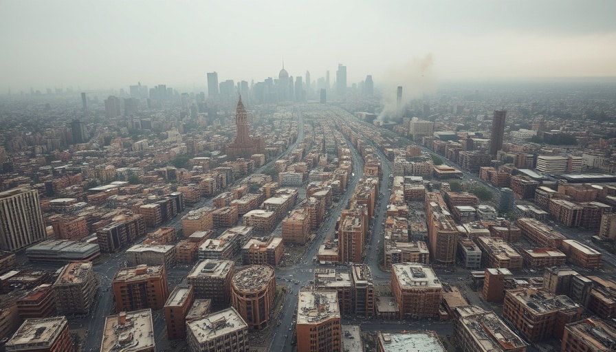 Aerial view of destroyed Gaza cityscape after conflict, rubble-strewn environment.