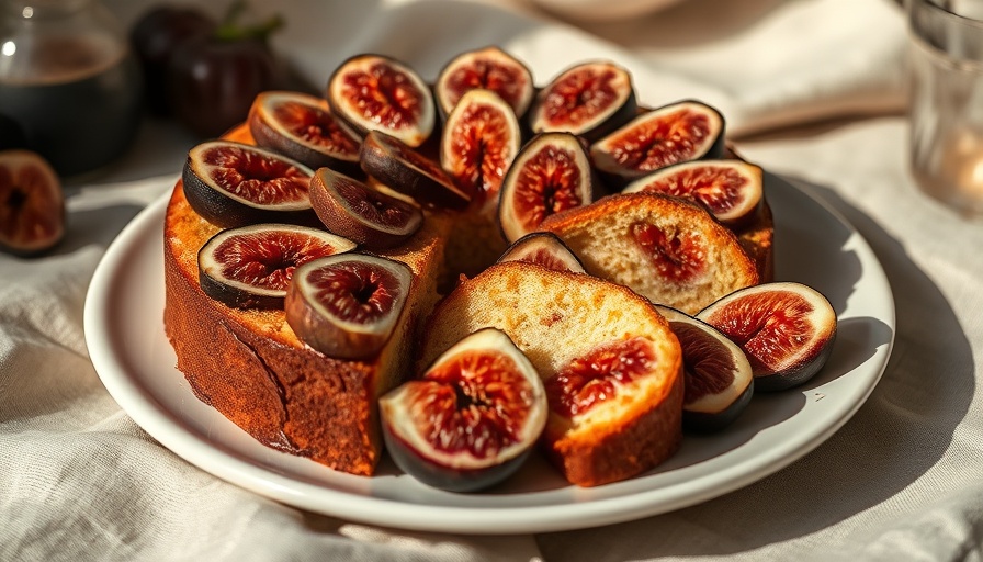Fig cake recipe, gourmet presentation on linen fabric.