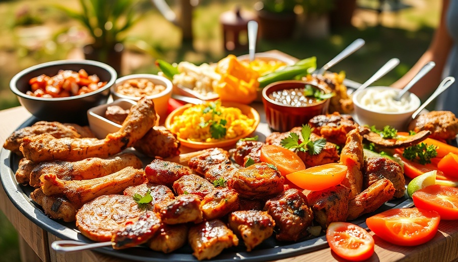 Halal barbecue Texas platter with meats and sides in sunlight.