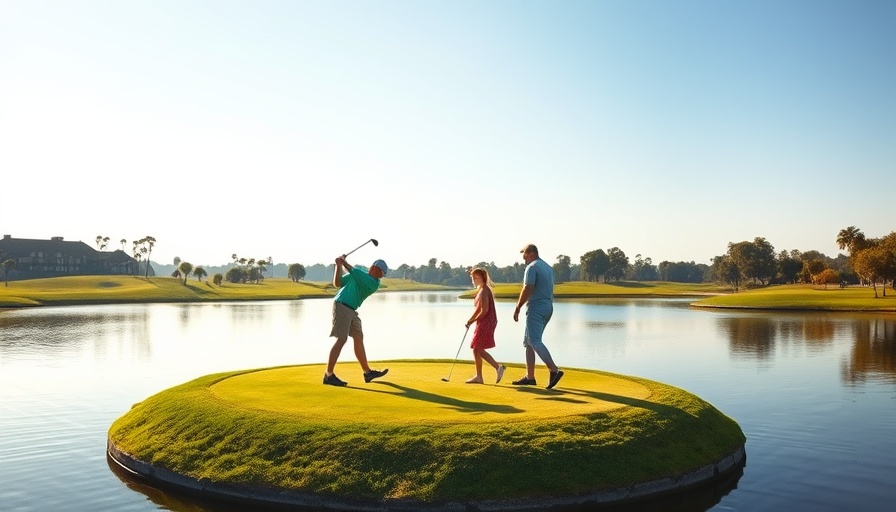 Family golfing on scenic island green in Orlando, clear sunlight.