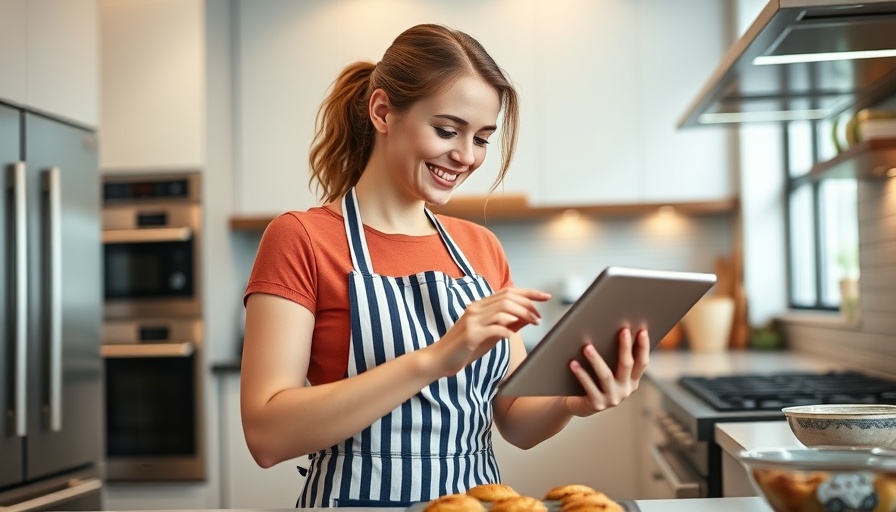 Young woman baking muffins and using a tablet in a modern kitchen, best side hustle ideas for 2025.