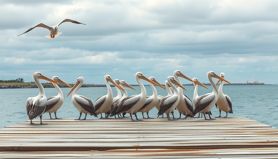 Birdwatching in Florida includes pelicans on a pier under cloudy sky.