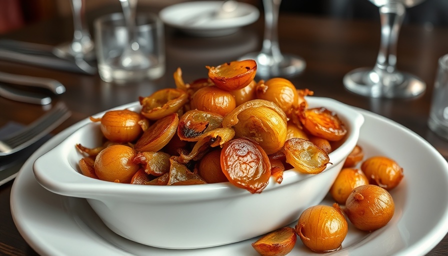 Delicious caramelized shallots recipe in a dish on a wooden table.