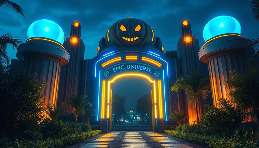 Epic Universe gate illuminated at night, vibrant lights.