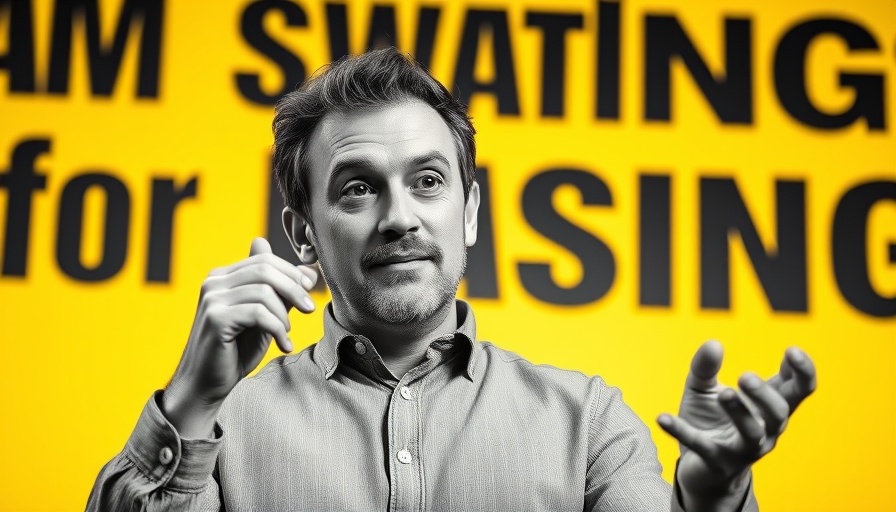 Thoughtful speaker gesturing against a yellow background discussing business trends.
