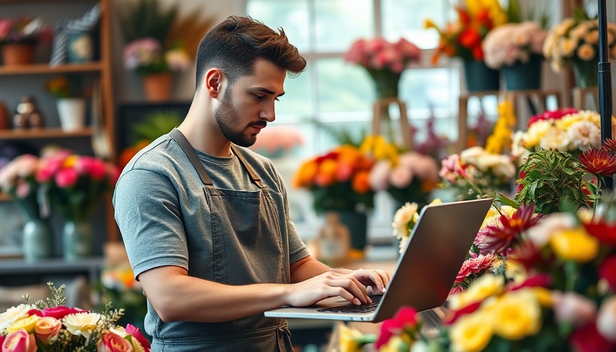 Young man working on laptop in flower shop, how to create a business proposal.