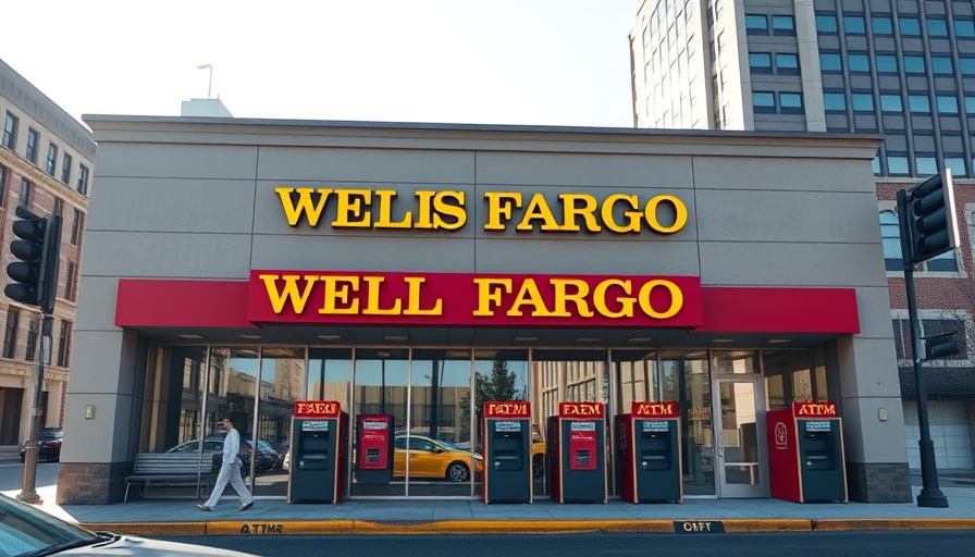 Wells Fargo bank facade with drive-through on sunny day.