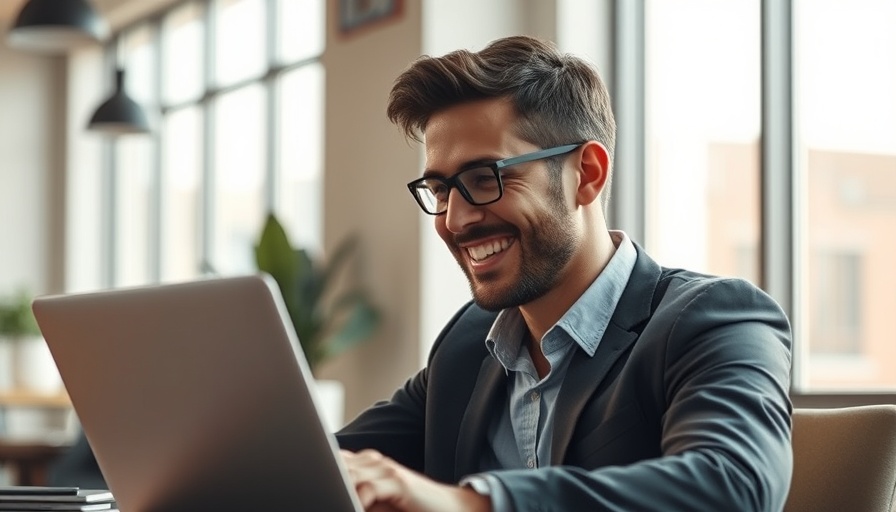 Smiling businessman working on laptop, learning how to start an LLC in Nevada.