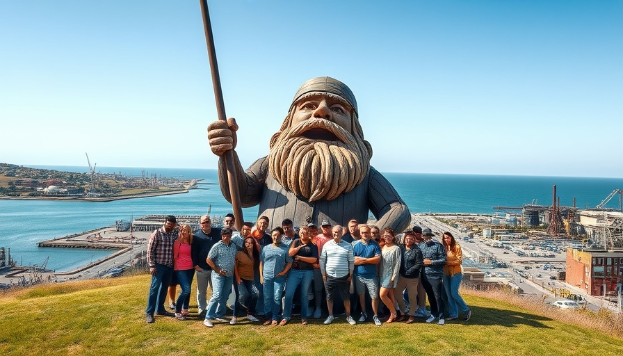 Bold Coast Seafood Maine group by large wooden statue near coast