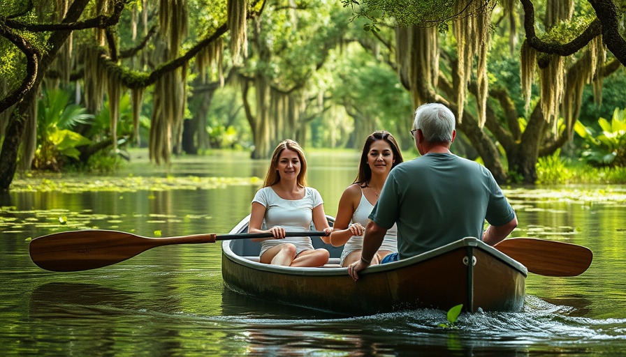 Family canoeing in lush Orlando wetlands near eco-friendly hotels.