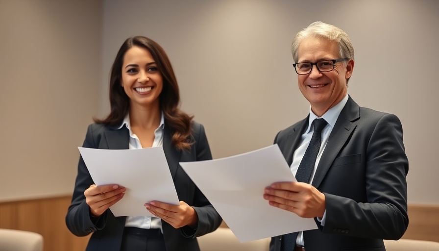 Business professionals holding documents at an event.
