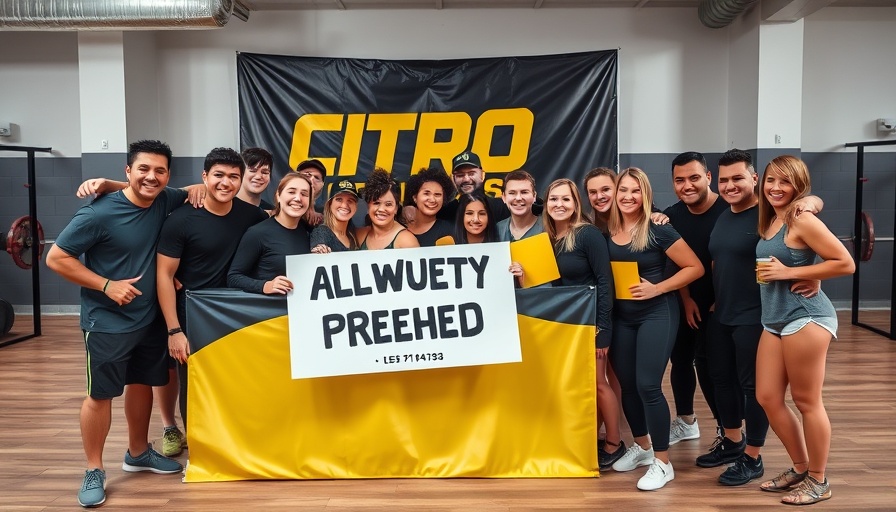 Group smiling in Orlando gym, holding signs, celebrating.