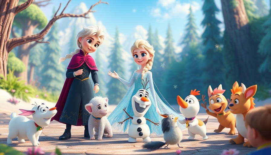 New Disney Frozen Products launch with colorful cartoon forest scene.