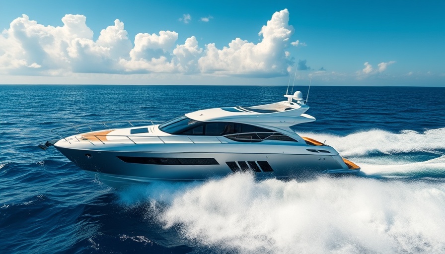 Merritt 53 yacht for sale cruising on blue ocean with cloudy sky.