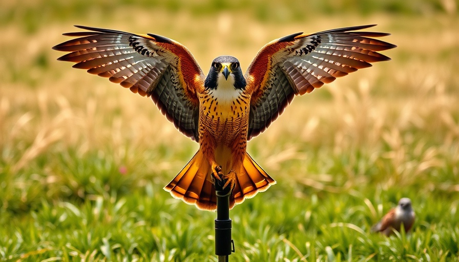 Peregrine falcon with wings spread on a stand in a Florida grassy field.