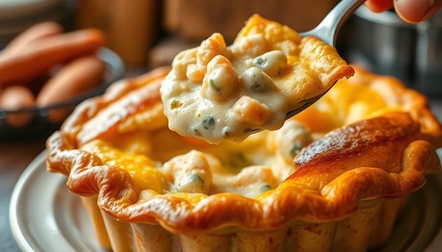 Golden seafood pie being served, highlighting Pacific Swordfish and California Lobster.