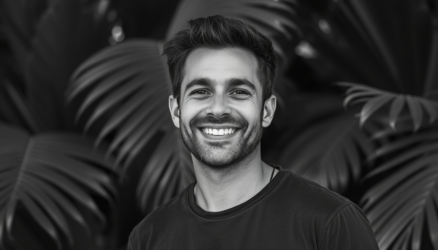 Happy man smiling with tropical leaves backdrop, black and white.