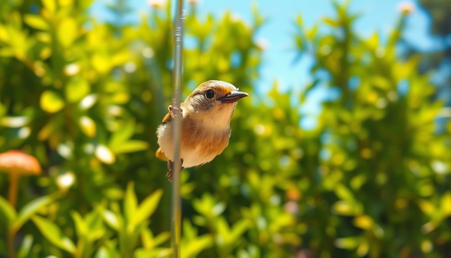 Curious bird in garden, vibrant green garden backdrop.