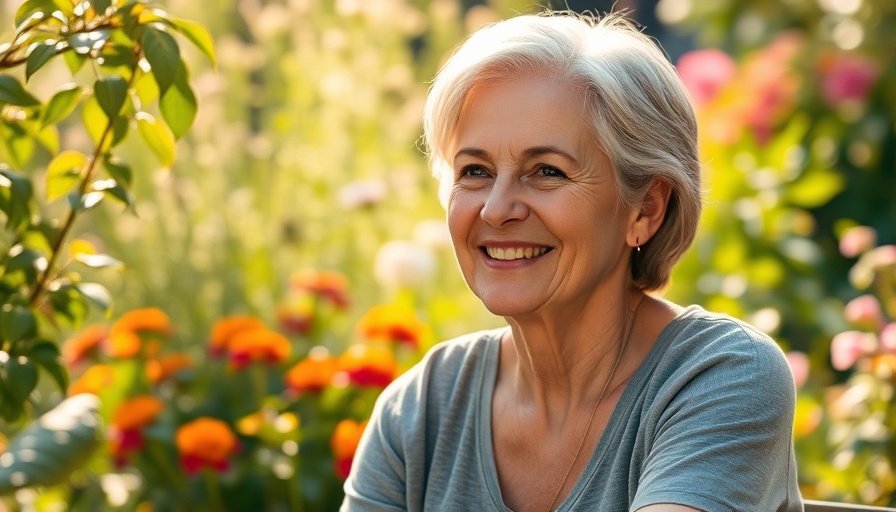 Middle-aged woman finding joy during perimenopause in a sunny garden.