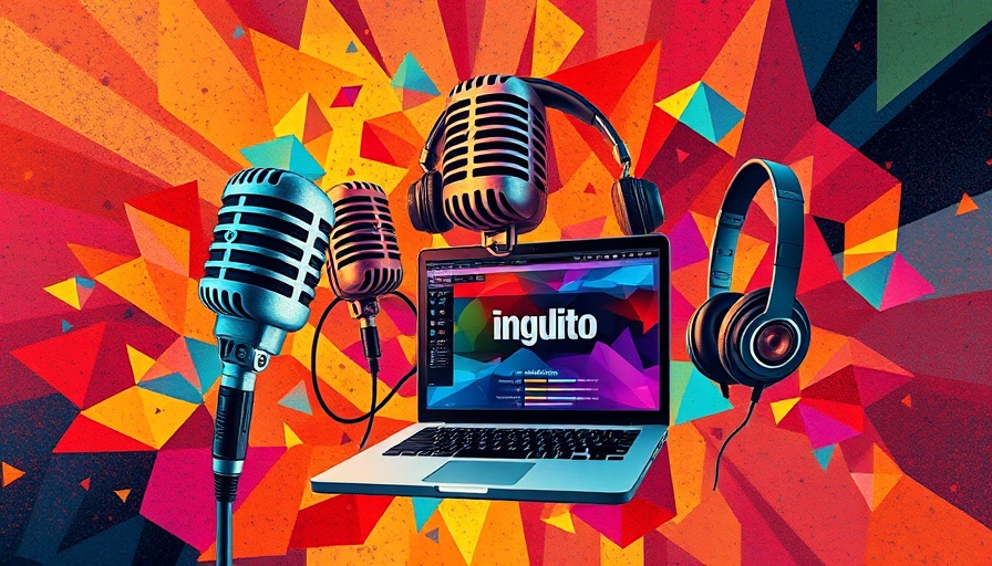Vibrant media artwork featuring microphones and headphones in a graphic design.