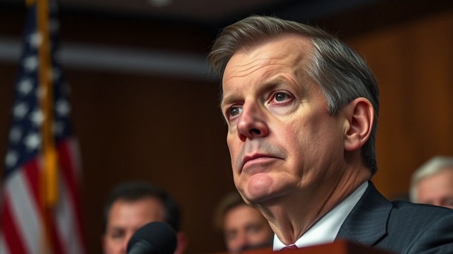 Middle-aged man at press conference, American flag backdrop.