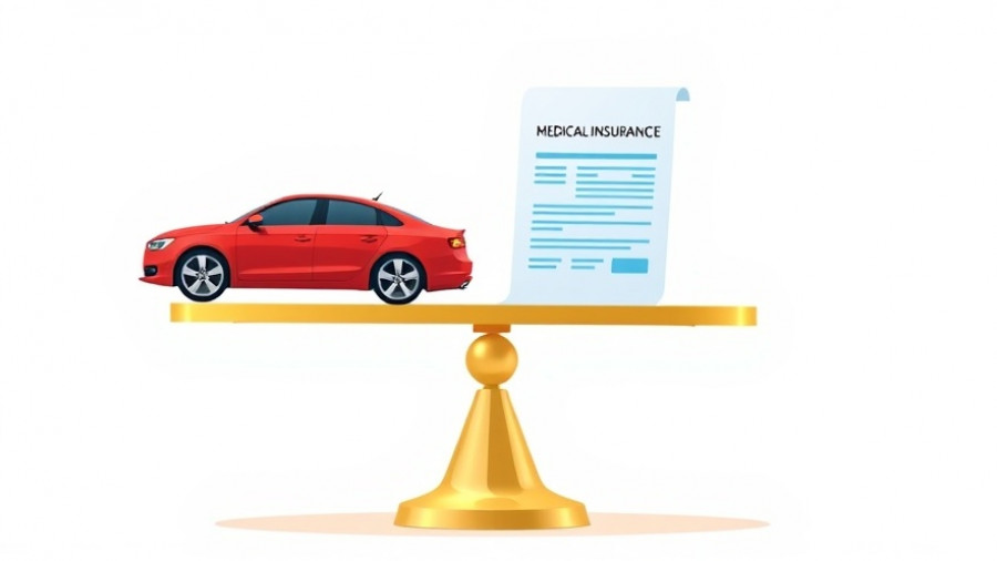 Balance scale with car and medical insurance document, cost comparison.