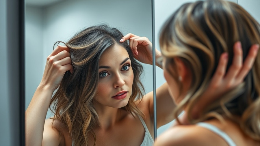 Woman inspecting gray hair in bathroom reflecting on the link between gray hair and cancer.