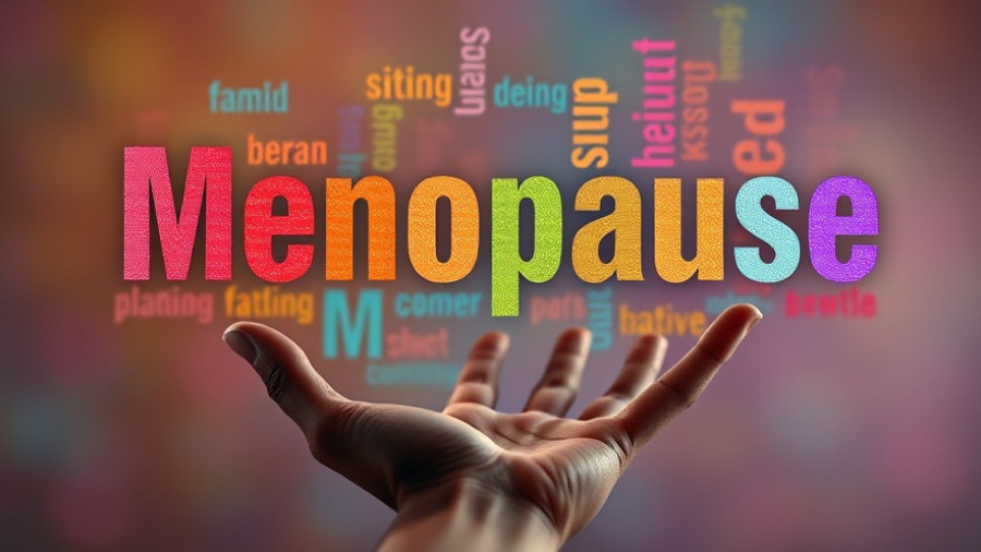 Colorful menopause concept word cloud with supportive hand.