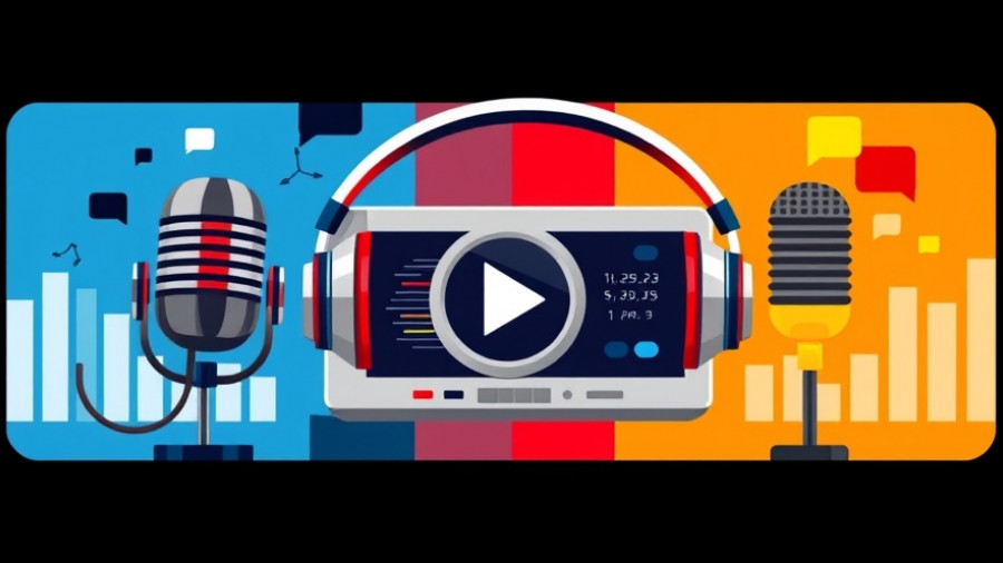 Colorful graphic with microphones and headphones representing media broadcast.