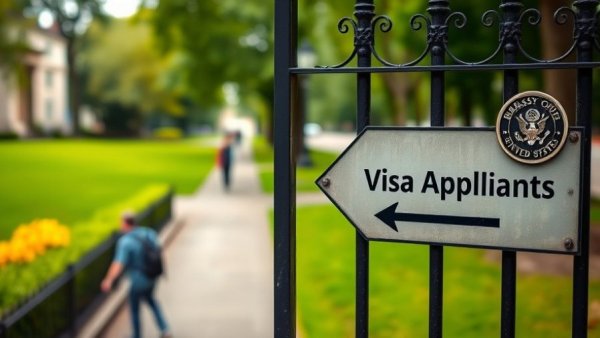 Visa application sign on embassy fence with blurred park background.