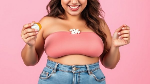 Oral semaglutide weight loss concept with woman in oversized jeans.