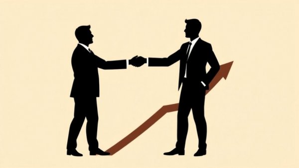 Business merger illustration with silhouettes on arrow.