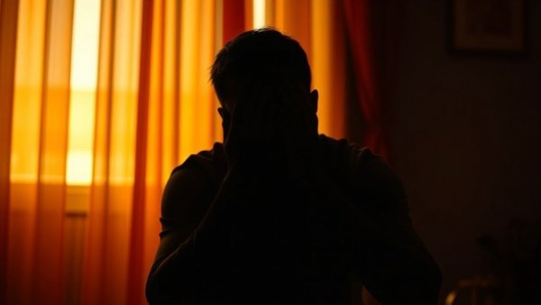 Silhouette of person sitting on a bed, overwhelmed, in warm orange light.