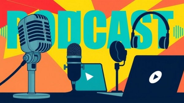 Illustration of podcasts with microphones and headphones in vibrant colors.