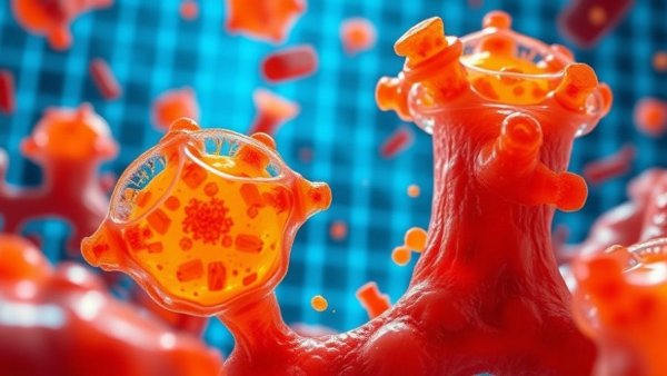 Microscopic view of bone marrow cells in digital blue and orange.