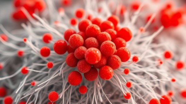 Microscopic view of red particles on fiber, human blood factory research.