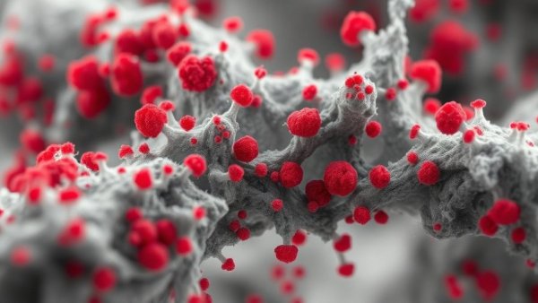 Microscopic view of human blood factory tissue with red particles.