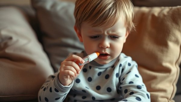 Young child with a thermometer, coughing, indicative of whooping cough case