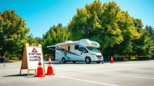 Mobile health unit and warning sign about symptoms, sunny day, parking lot.